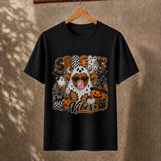 Spooky Vibes Highland Cow Halloween T-Shirt Retro Ghost Pumpkin Unisex Tee