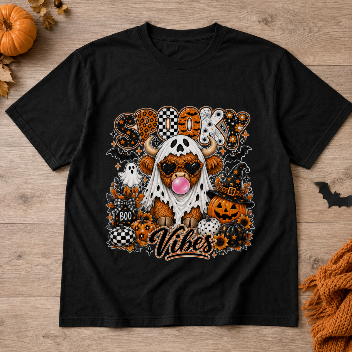 Spooky Vibes Highland Cow Halloween T-Shirt Retro Ghost Pumpkin Unisex Tee
