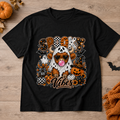 Spooky Vibes Highland Cow Halloween T-Shirt Retro Ghost Pumpkin Unisex Tee