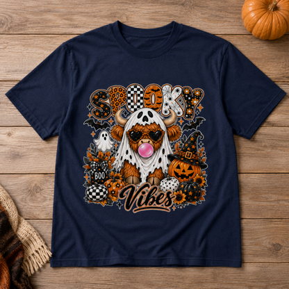 Spooky Vibes Highland Cow Halloween T-Shirt Retro Ghost Pumpkin Unisex Tee