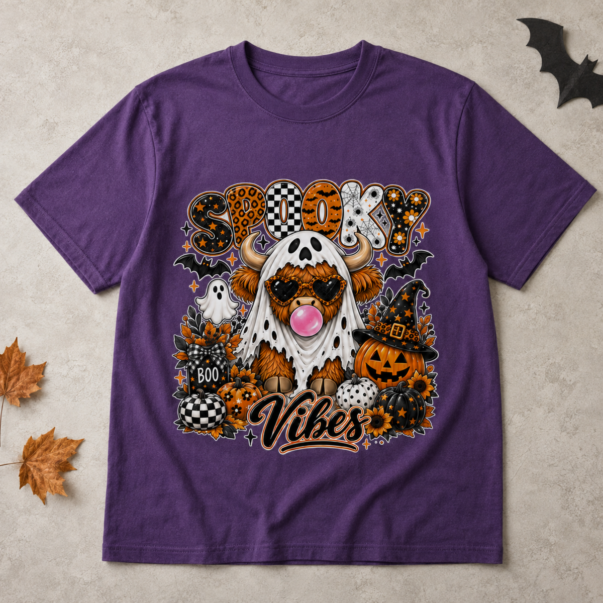Spooky Vibes Highland Cow Halloween T-Shirt Retro Ghost Pumpkin Unisex Tee