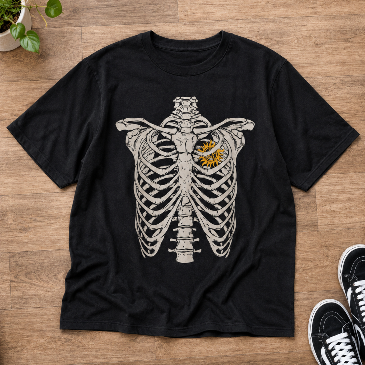 Abstract Skeleton Ribcage Sun Heart Graphic Tee Dark Aesthetic Unisex T-Shirt