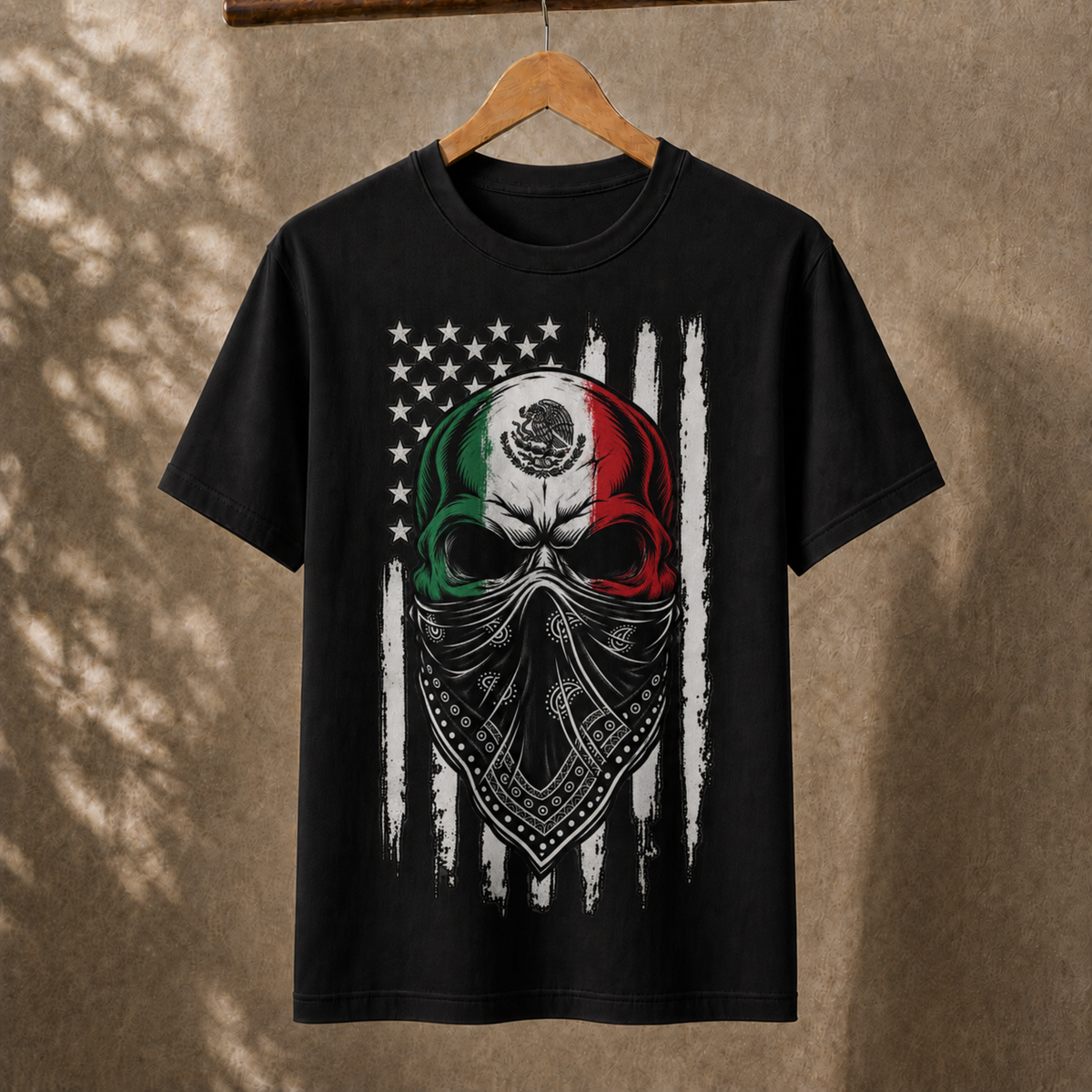 Mexican Flag Skull Bandana US Flag Distress Unisex T-Shirt Retro Heritage Graphic Tee