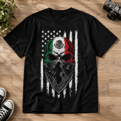 Mexican Flag Skull Bandana US Flag Distress Unisex T-Shirt Retro Heritage Graphic Tee