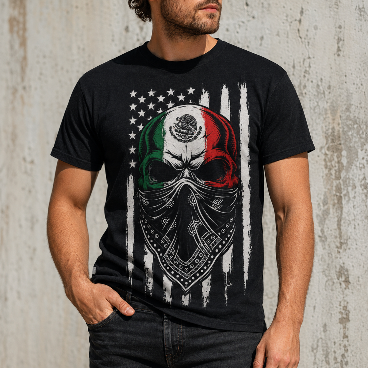 Mexican Flag Skull Bandana US Flag Distress Unisex T-Shirt Retro Heritage Graphic Tee