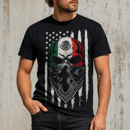 Mexican Flag Skull Bandana US Flag Distress Unisex T-Shirt Retro Heritage Graphic Tee