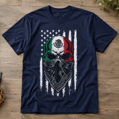 Mexican Flag Skull Bandana US Flag Distress Unisex T-Shirt Retro Heritage Graphic Tee
