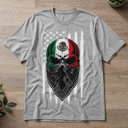 Mexican Flag Skull Bandana US Flag Distress Unisex T-Shirt Retro Heritage Graphic Tee