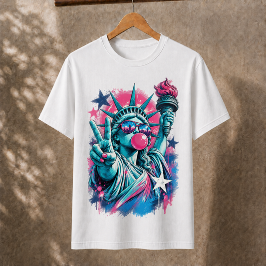 Retro Patriotic Statue of Liberty T-Shirt, Cool USA Peace Sign Bubble Gum Tee, Vintage American Pride Graphic Apparel for Men and Women