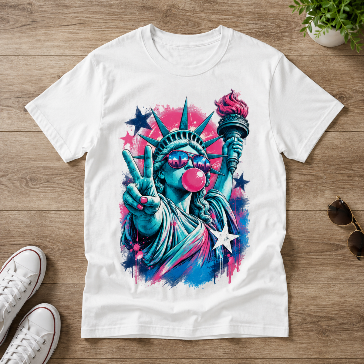 Retro Patriotic Statue of Liberty T-Shirt, Cool USA Peace Sign Bubble Gum Tee, Vintage American Pride Graphic Apparel for Men and Women