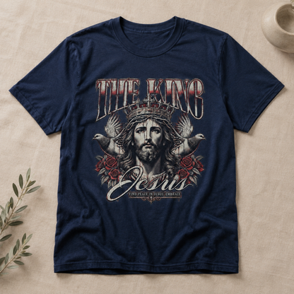 Christian Faith The King Jesus Graphic T-Shirt Retro Crown Doves Roses Unisex Christian Tee