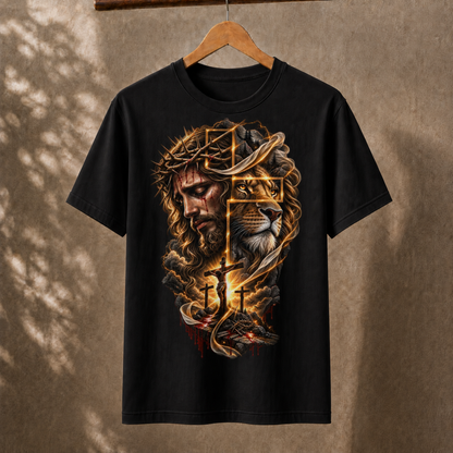 Jesus Lion Cross Christian Faith Unisex T-Shirt Retro Religious Graphic Tee