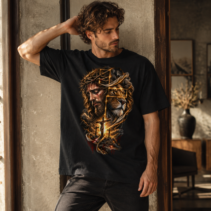 Jesus Lion Cross Christian Faith Unisex T-Shirt Retro Religious Graphic Tee