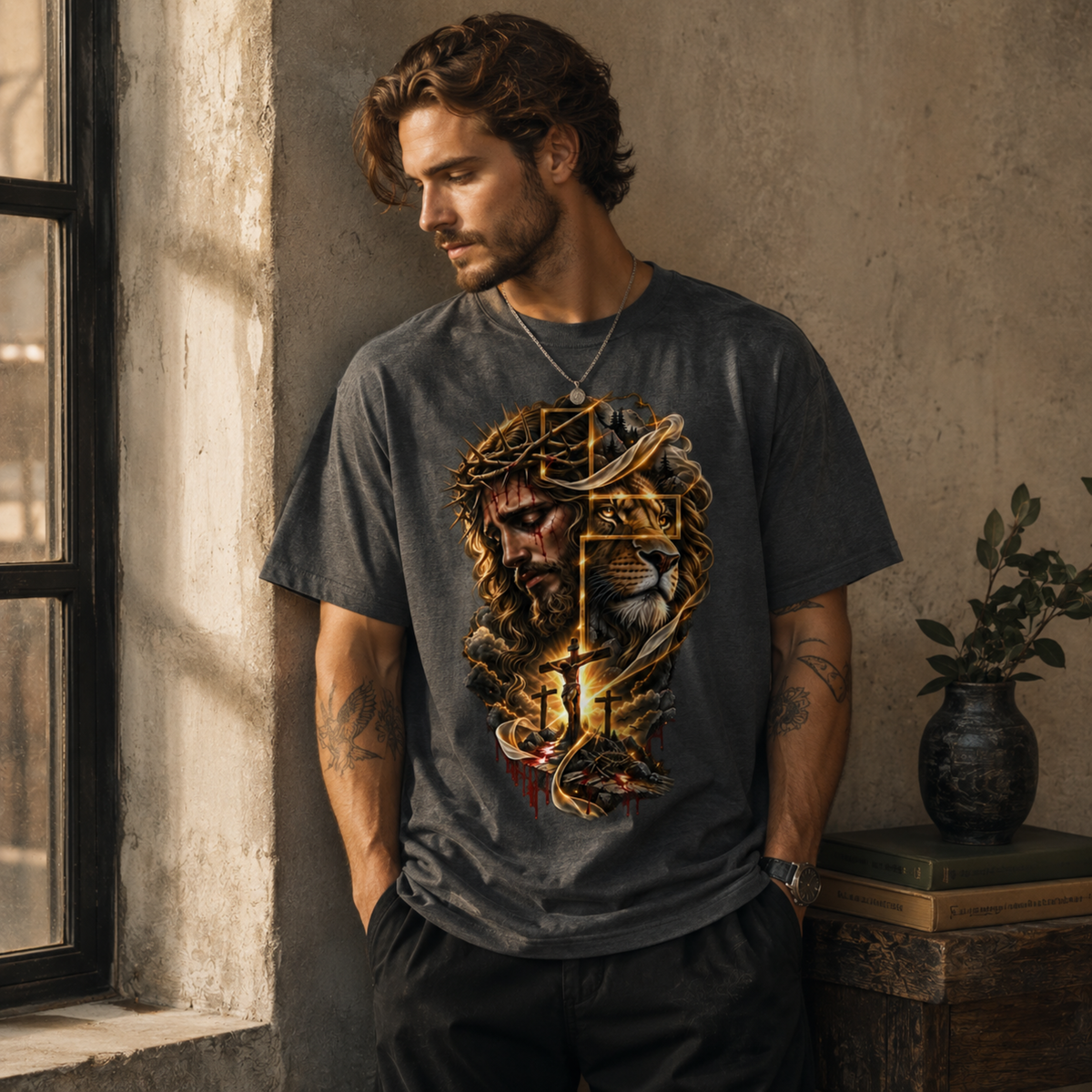 Jesus Lion Cross Christian Faith Unisex T-Shirt Retro Religious Graphic Tee