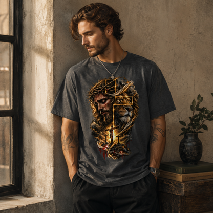 Jesus Lion Cross Christian Faith Unisex T-Shirt Retro Religious Graphic Tee
