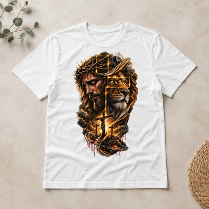 Jesus Lion Cross Christian Faith Unisex T-Shirt Retro Religious Graphic Tee