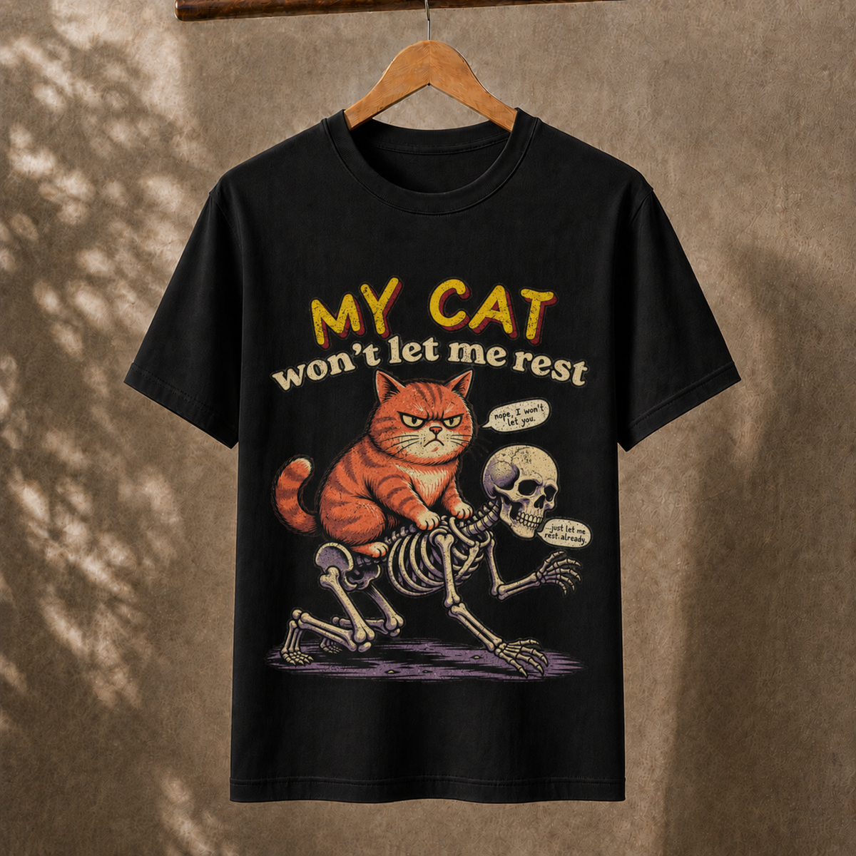 Funny Grumpy Orange Cat Riding Skeleton T-Shirt, Sarcastic Pet Humor Graphic Tee for Cat Lovers