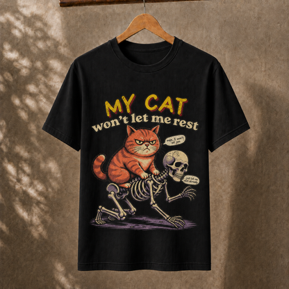 Funny Grumpy Orange Cat Riding Skeleton T-Shirt, Sarcastic Pet Humor Graphic Tee for Cat Lovers