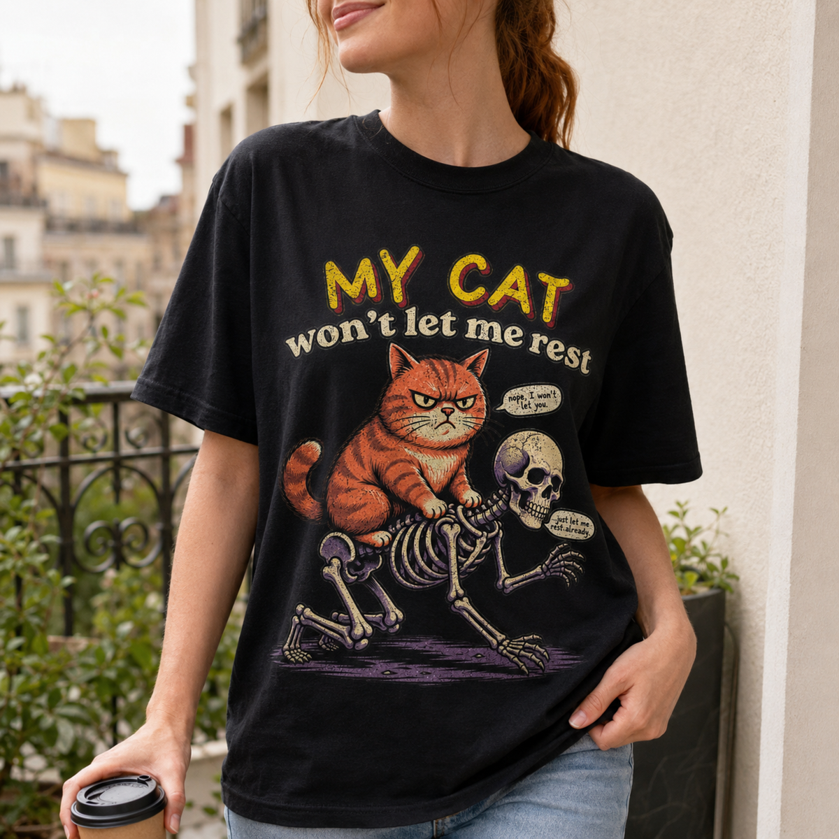 Funny Grumpy Orange Cat Riding Skeleton T-Shirt, Sarcastic Pet Humor Graphic Tee for Cat Lovers