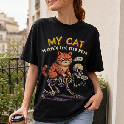 Funny Grumpy Orange Cat Riding Skeleton T-Shirt, Sarcastic Pet Humor Graphic Tee for Cat Lovers