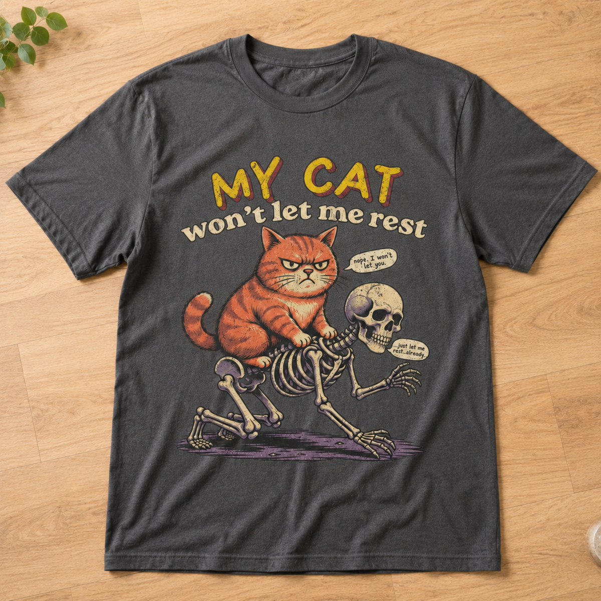Funny Grumpy Orange Cat Riding Skeleton T-Shirt, Sarcastic Pet Humor Graphic Tee for Cat Lovers