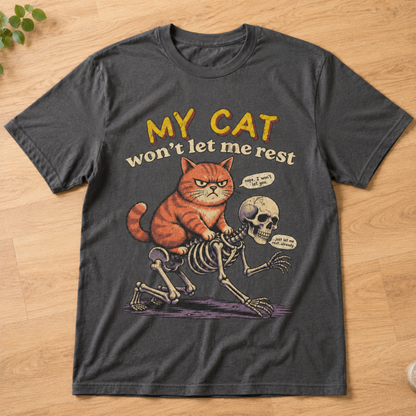 Funny Grumpy Orange Cat Riding Skeleton T-Shirt, Sarcastic Pet Humor Graphic Tee for Cat Lovers