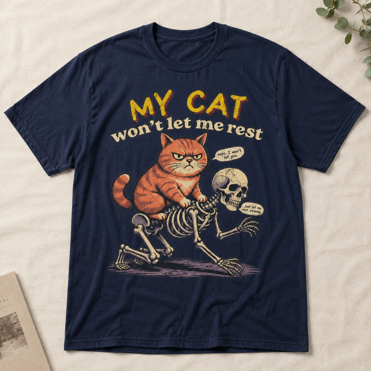 Funny Grumpy Orange Cat Riding Skeleton T-Shirt, Sarcastic Pet Humor Graphic Tee for Cat Lovers