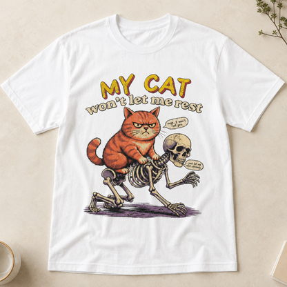 Funny Grumpy Orange Cat Riding Skeleton T-Shirt, Sarcastic Pet Humor Graphic Tee for Cat Lovers