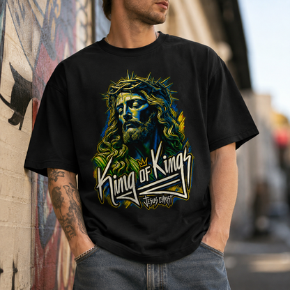 King Of Kings Jesus Christ Graphic Tee - Christian Faith Unisex Heavyweight T-Shirt with Crown of Thorns Retro Streetwear Style