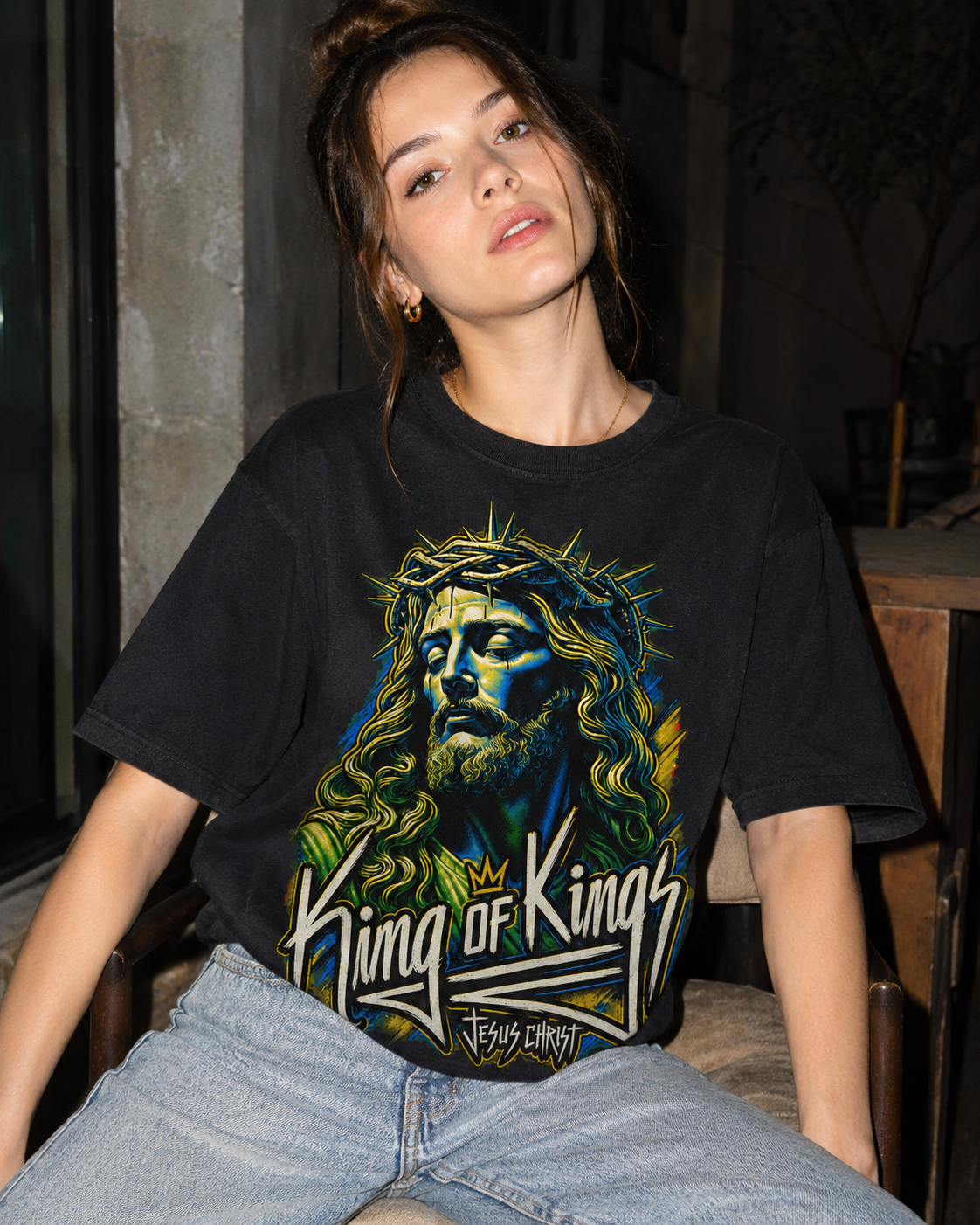 King Of Kings Jesus Christ Graphic Tee - Christian Faith Unisex Heavyweight T-Shirt with Crown of Thorns Retro Streetwear Style