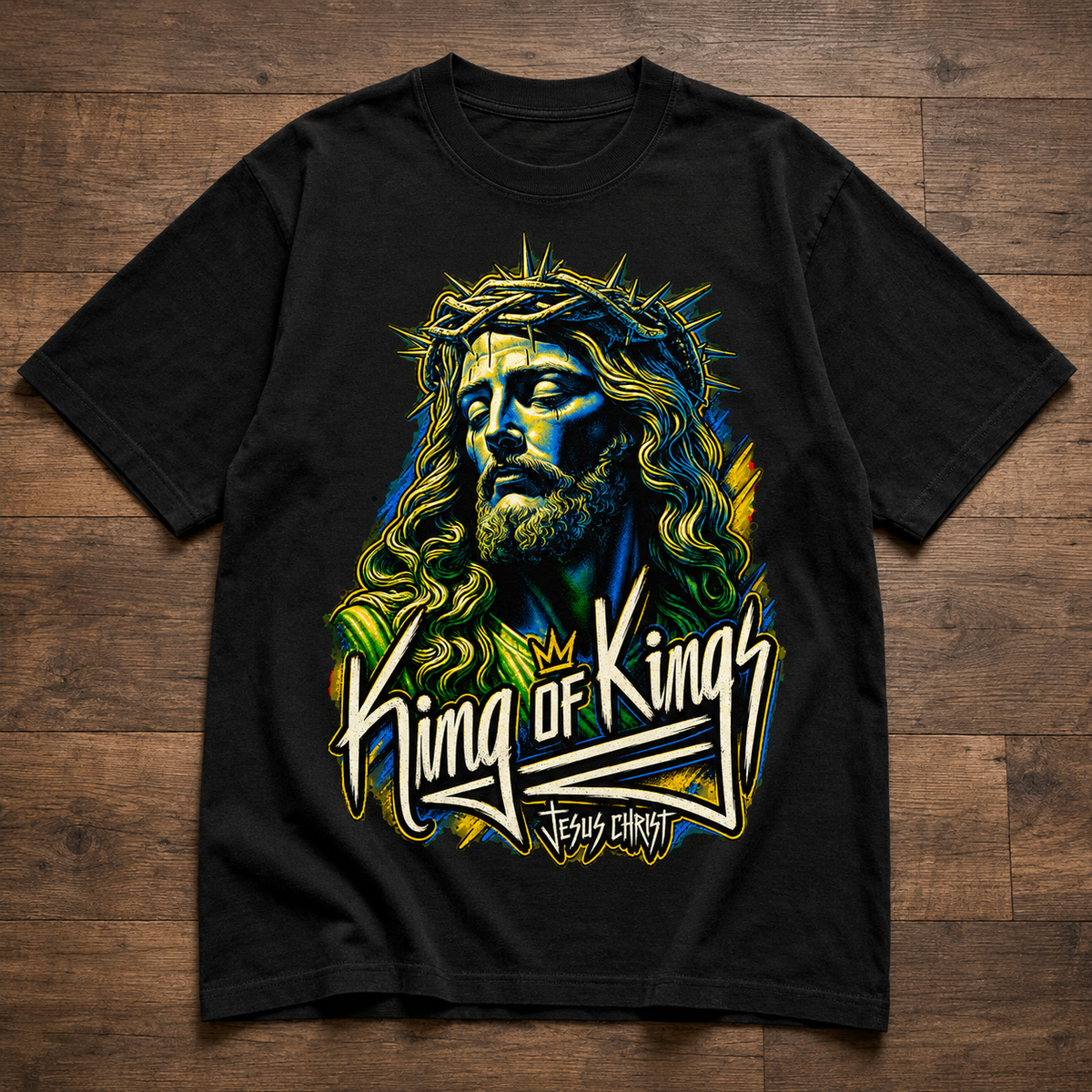 King Of Kings Jesus Christ Graphic Tee - Christian Faith Unisex Heavyweight T-Shirt with Crown of Thorns Retro Streetwear Style
