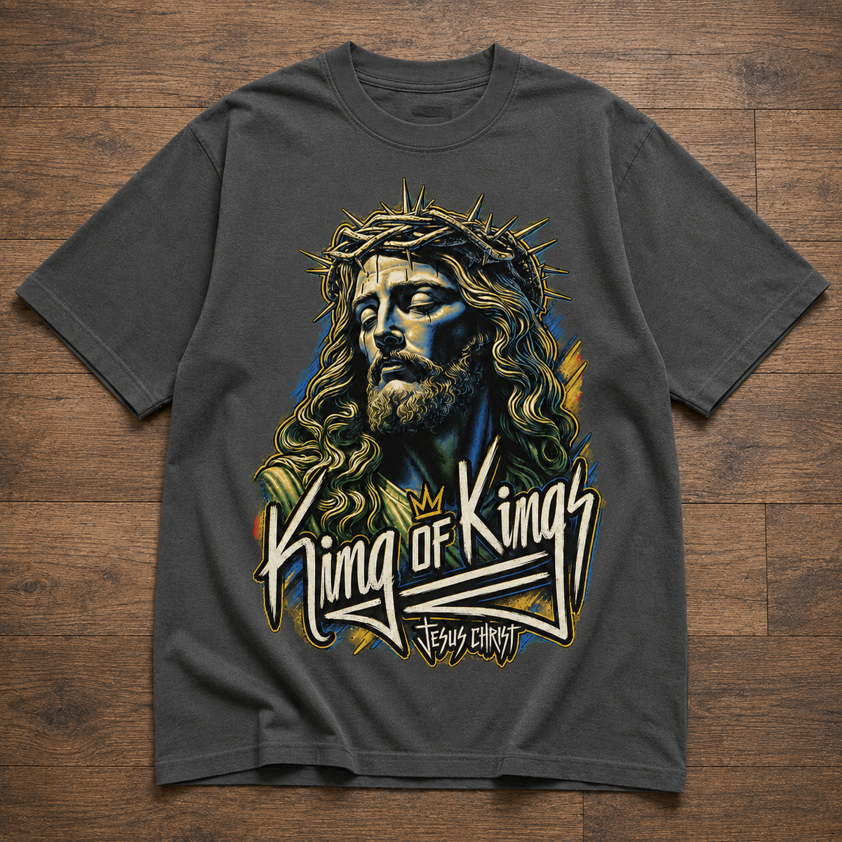 King Of Kings Jesus Christ Graphic Tee - Christian Faith Unisex Heavyweight T-Shirt with Crown of Thorns Retro Streetwear Style