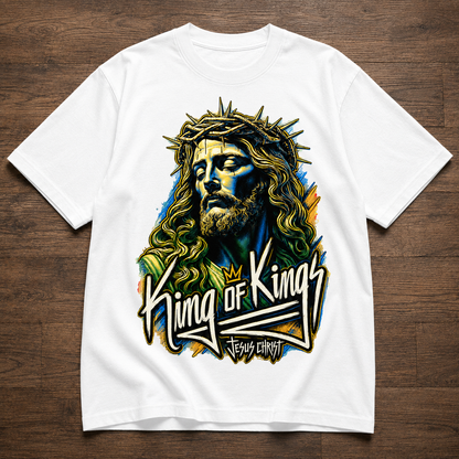 King Of Kings Jesus Christ Graphic Tee - Christian Faith Unisex Heavyweight T-Shirt with Crown of Thorns Retro Streetwear Style