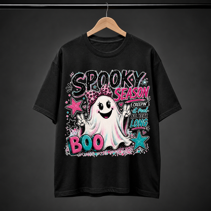Spooky Season Ghost T-Shirt Retro Pink Bow Cute Halloween Graphic Tee Unisex Gift