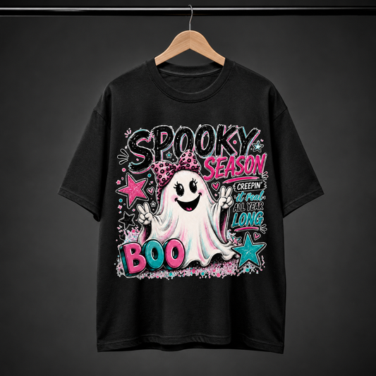 Spooky Season Ghost T-Shirt Retro Pink Bow Cute Halloween Graphic Tee Unisex Gift