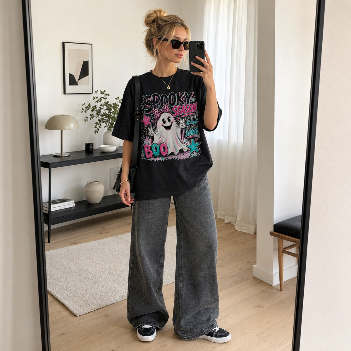 Spooky Season Ghost T-Shirt Retro Pink Bow Cute Halloween Graphic Tee Unisex Gift