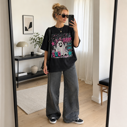 Spooky Season Ghost T-Shirt Retro Pink Bow Cute Halloween Graphic Tee Unisex Gift