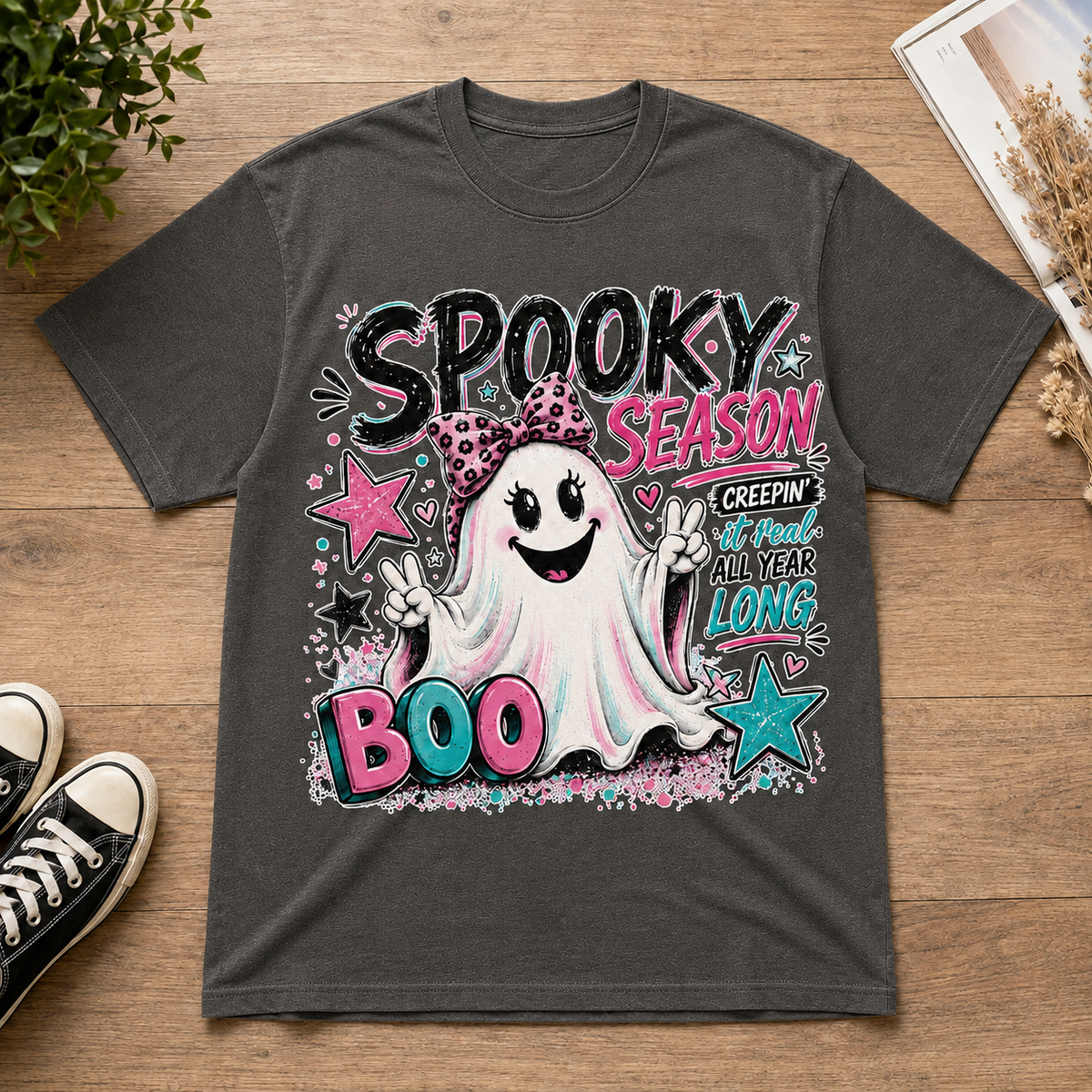 Spooky Season Ghost T-Shirt Retro Pink Bow Cute Halloween Graphic Tee Unisex Gift
