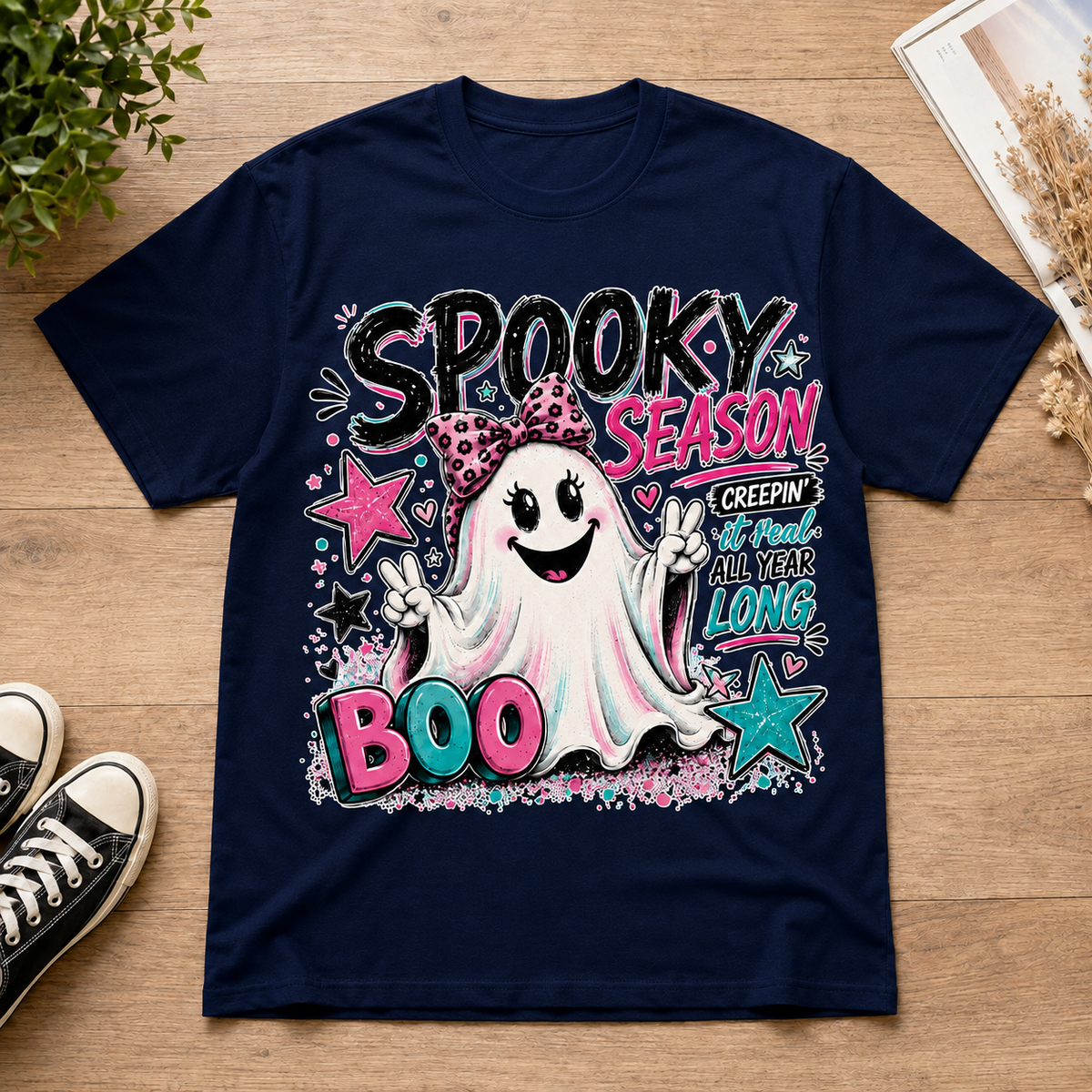 Spooky Season Ghost T-Shirt Retro Pink Bow Cute Halloween Graphic Tee Unisex Gift