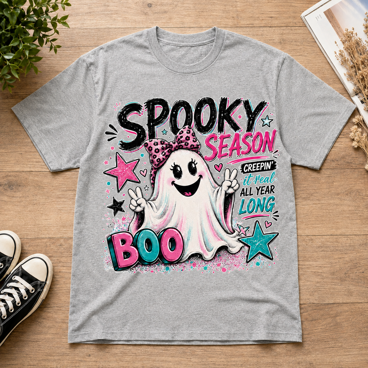 Spooky Season Ghost T-Shirt Retro Pink Bow Cute Halloween Graphic Tee Unisex Gift