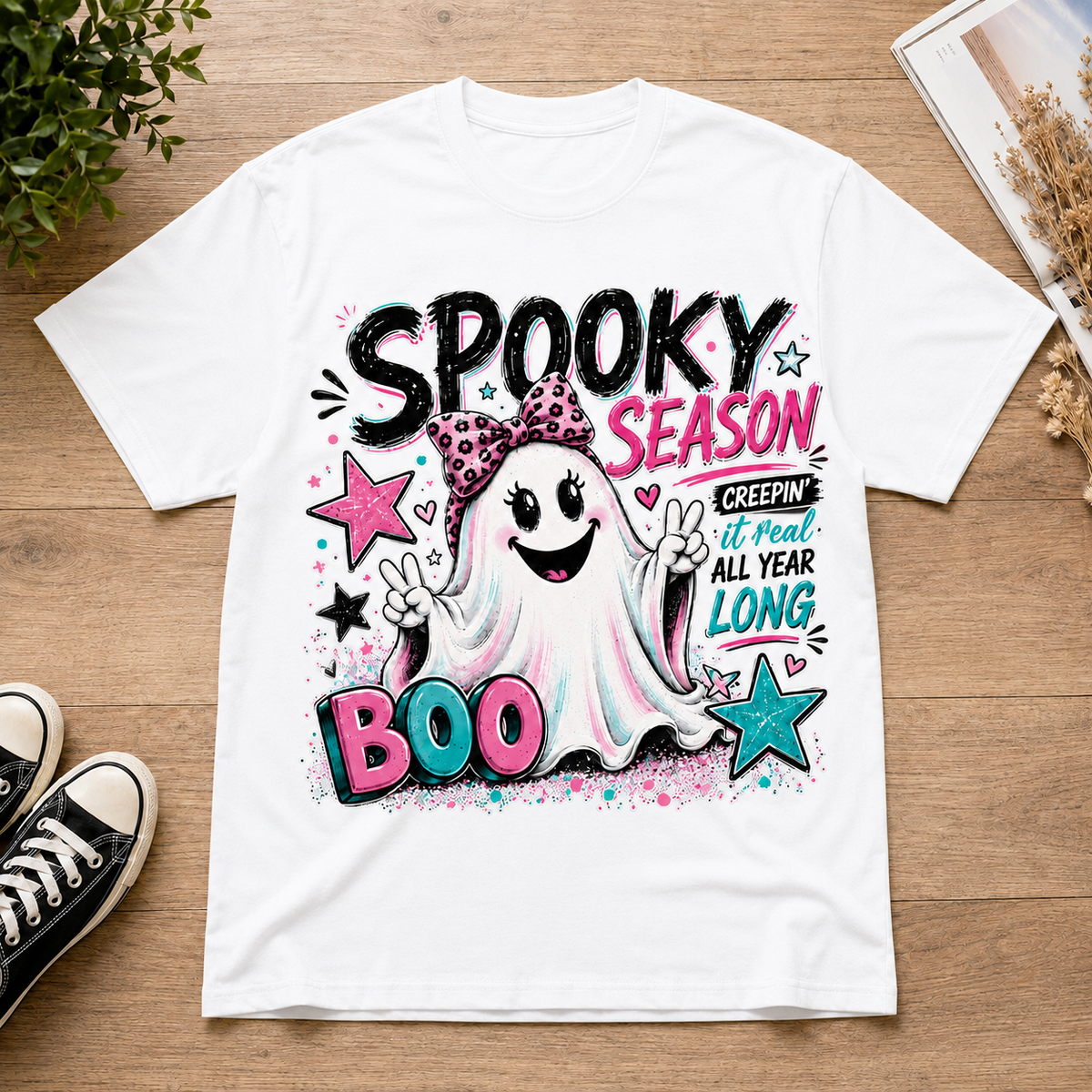 Spooky Season Ghost T-Shirt Retro Pink Bow Cute Halloween Graphic Tee Unisex Gift