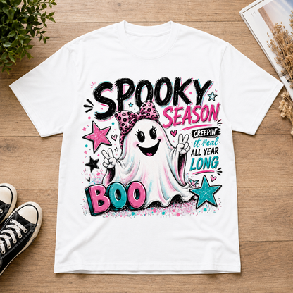 Spooky Season Ghost T-Shirt Retro Pink Bow Cute Halloween Graphic Tee Unisex Gift