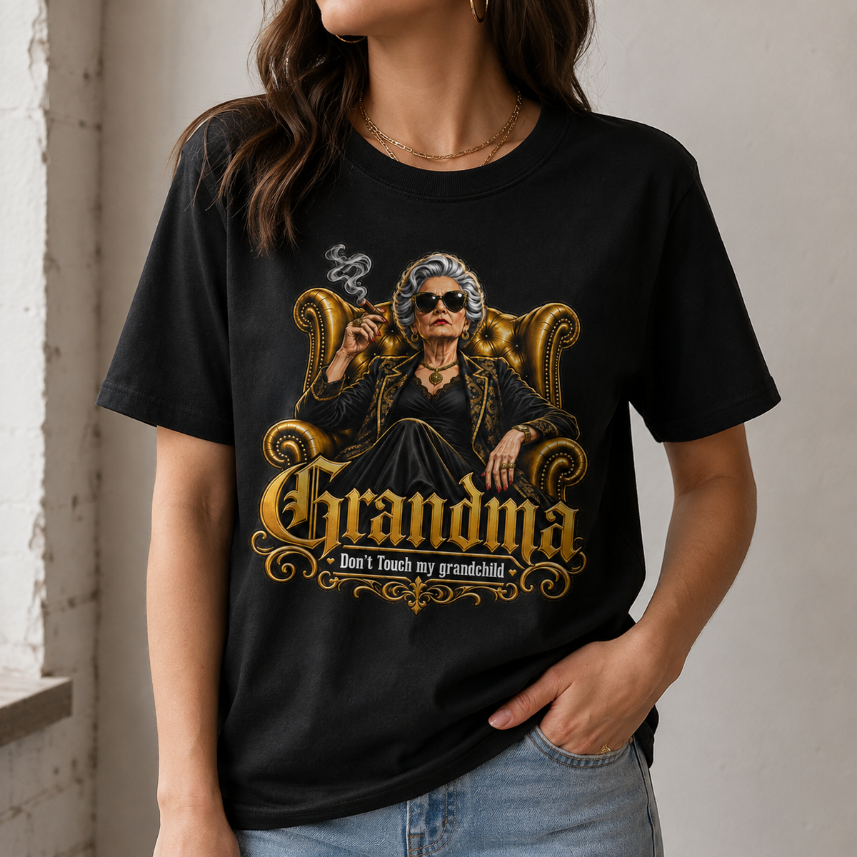 Badass Grandma Don't Touch My Grandchild Retro Boss Lady Graphic Tee Family T-Shirt