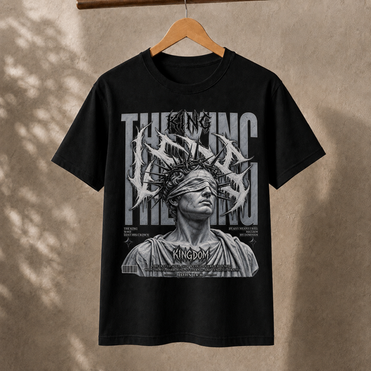 The King Crown Blindfolded Statue Retro Grunge Graphic Unisex T-Shirt Abstract Streetwear Tee